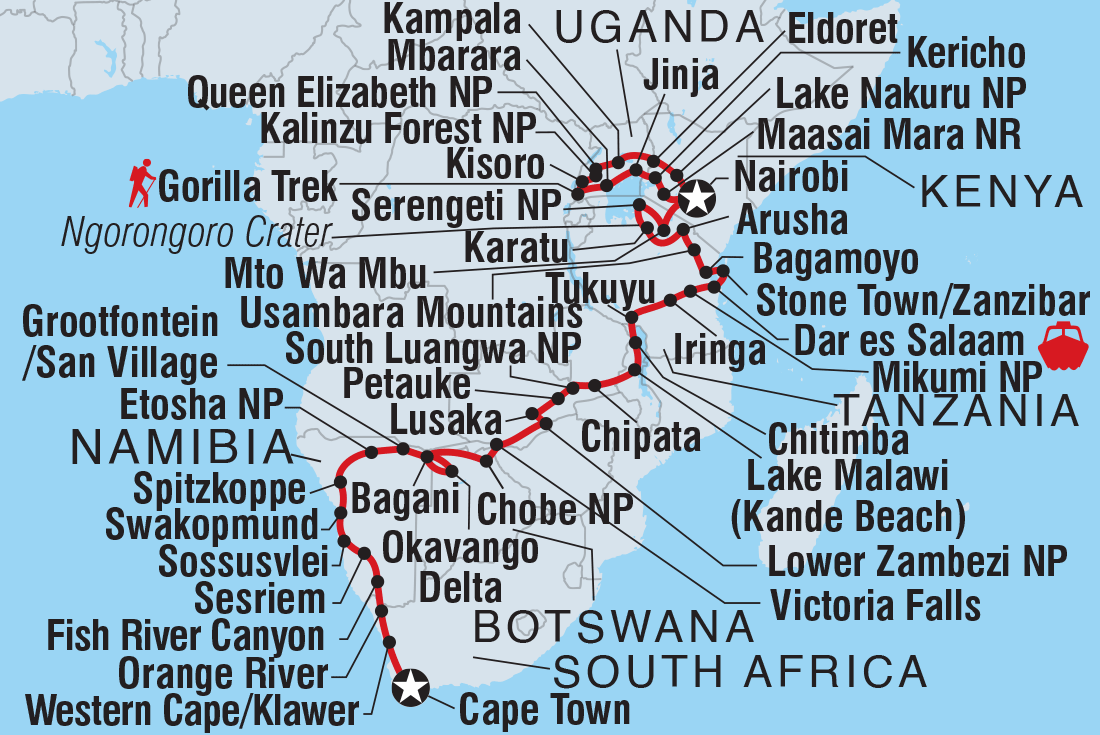 Map of Africa Encompassed Northbound including Botswana, Kenya, Malawi, Namibia, South Africa, Tanzania, United Republic Of, Uganda, Zambia and Zimbabwe