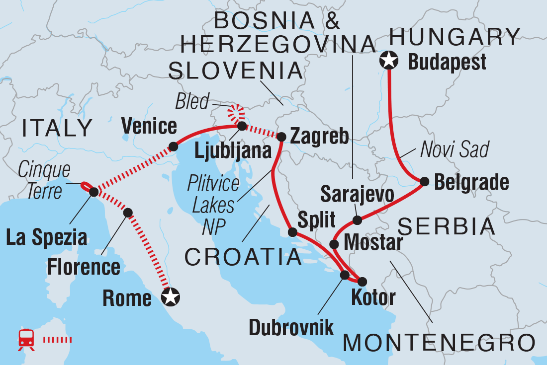 Map of Budapest To Rome including Bosnia And Herzegovina, Croatia, Hungary, Italy, Montenegro, Serbia and Slovenia