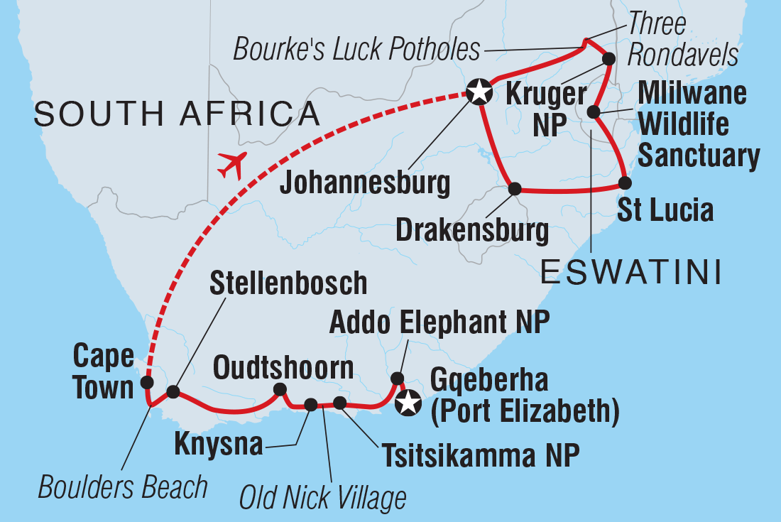 Map of South Africa's Kruger, Coast & Garden Route including South Africa and Swaziland