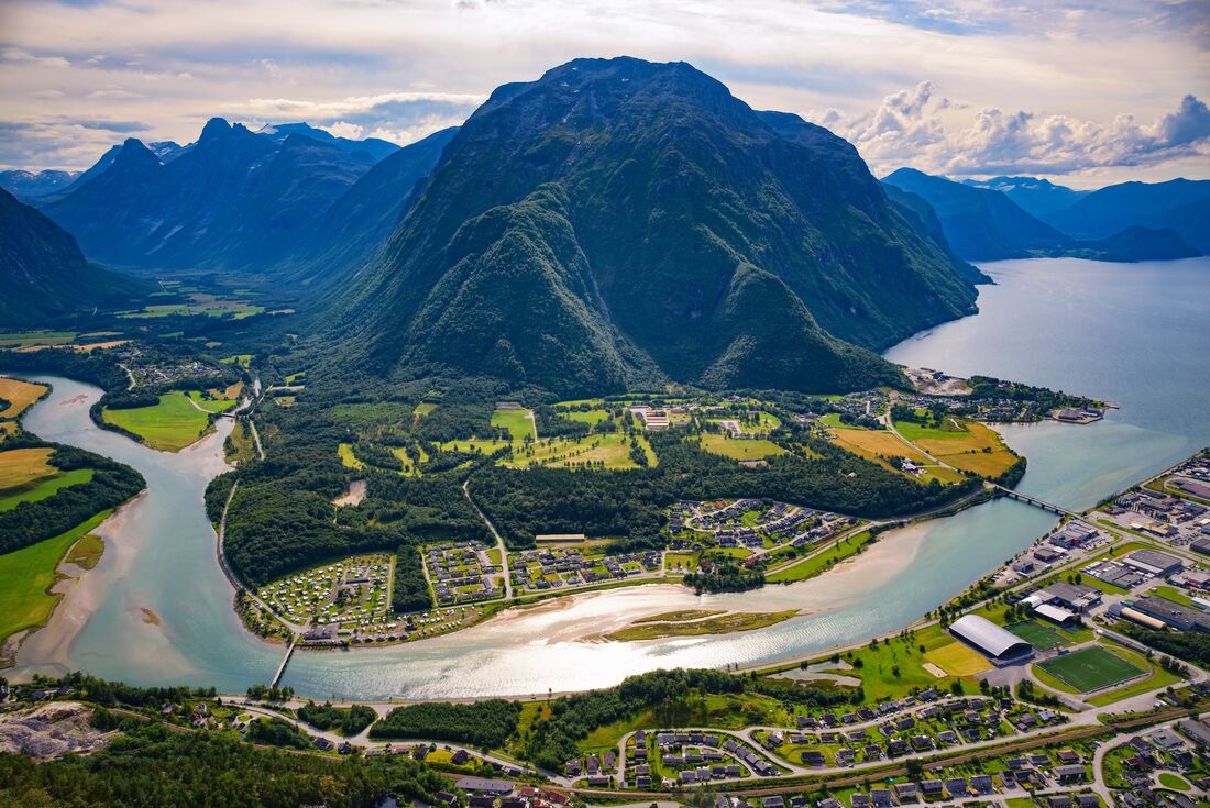 Rauma River winds through Romsdalsfjord and the town of Andalsnes