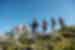 Group of travellers descending a hill with various hiking gear in the Italian Dolomites