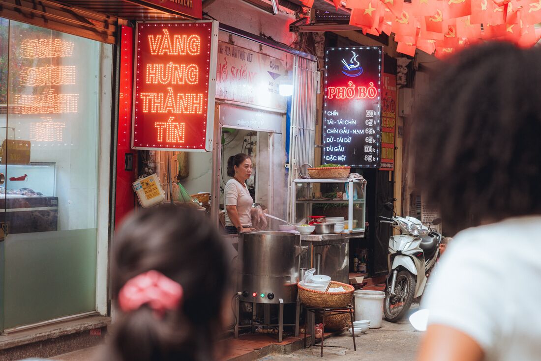 Beef pho street food vendor in Hanoi, Vietnam