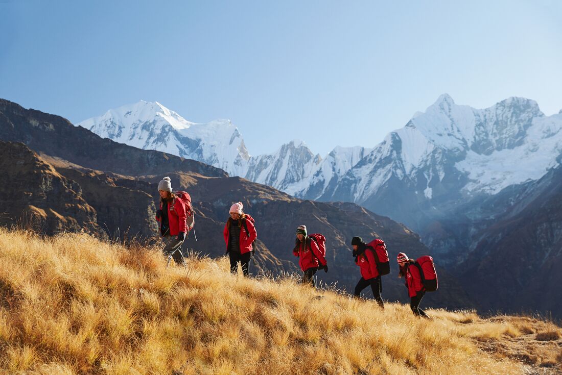 Intrepid Travellers hiking on a Annapurna trail in Nepal