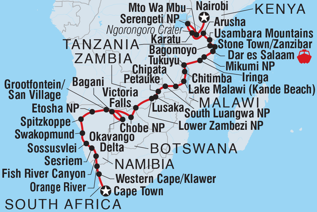 Map of Cape Town To Kenya including Botswana, Kenya, Malawi, Namibia, South Africa, Tanzania, United Republic Of, Zambia and Zimbabwe