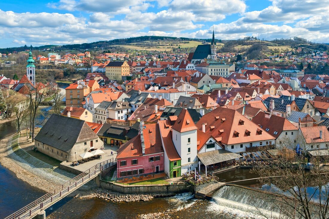 Aerial view of the colourful buildings and rooftops of Cesky Krumlov, Czech Republic
