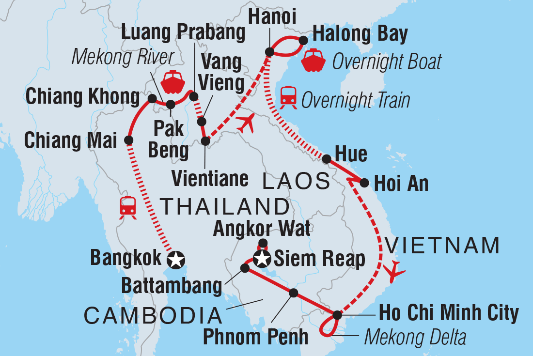 Map of Southeast Asia Adventure including Cambodia, Lao Pdr, Thailand and Vietnam