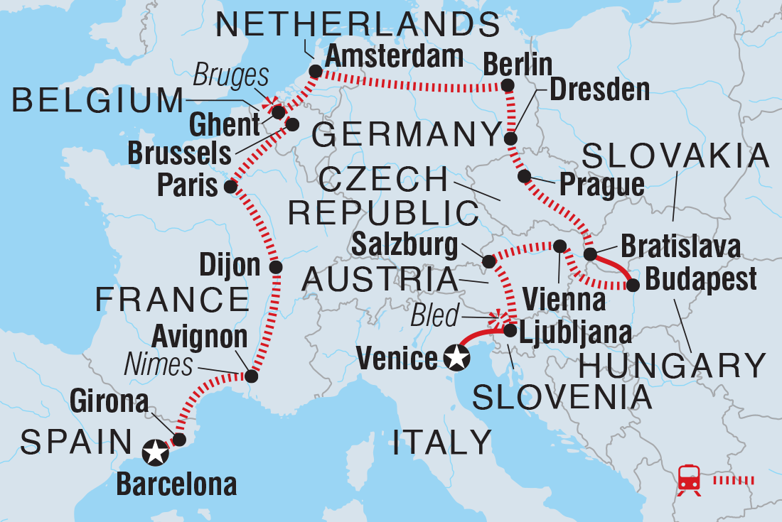 Map of Barcelona To Venice including Austria, Belgium, Czech Republic, France, Germany, Hungary, Italy, Netherlands, Slovakia, Slovenia and Spain