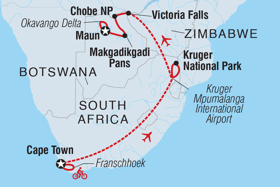 Map of Best Of Southern Africa Family Safari Comfort including Botswana, South Africa and Zimbabwe