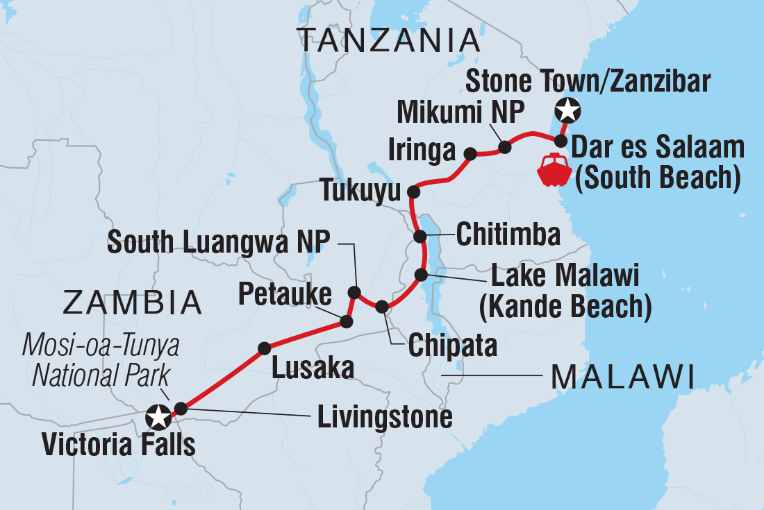 Map of Vic Falls To Stone Town including Malawi, Tanzania, United Republic Of, Zambia and Zimbabwe