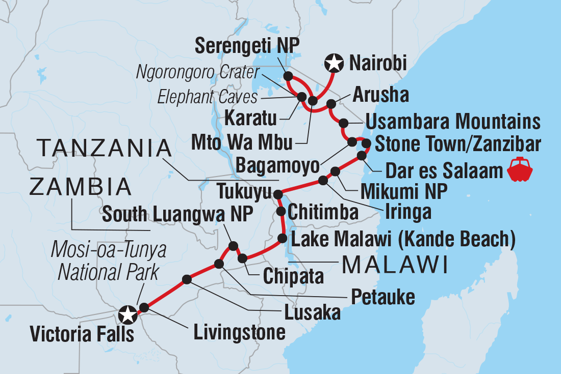 Map of Vic Falls To Kenya including Kenya, Malawi, Tanzania, United Republic Of, Zambia and Zimbabwe