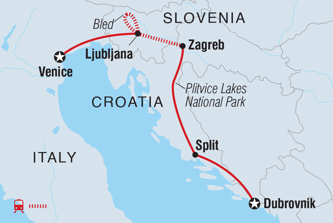 Map of Dubrovnik To Venice including Croatia, Italy and Slovenia