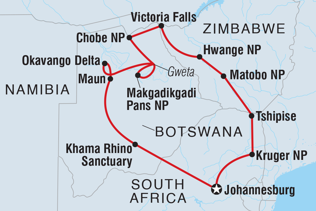 Map of 18 To 35S Real Southern Africa including Botswana, South Africa and Zimbabwe