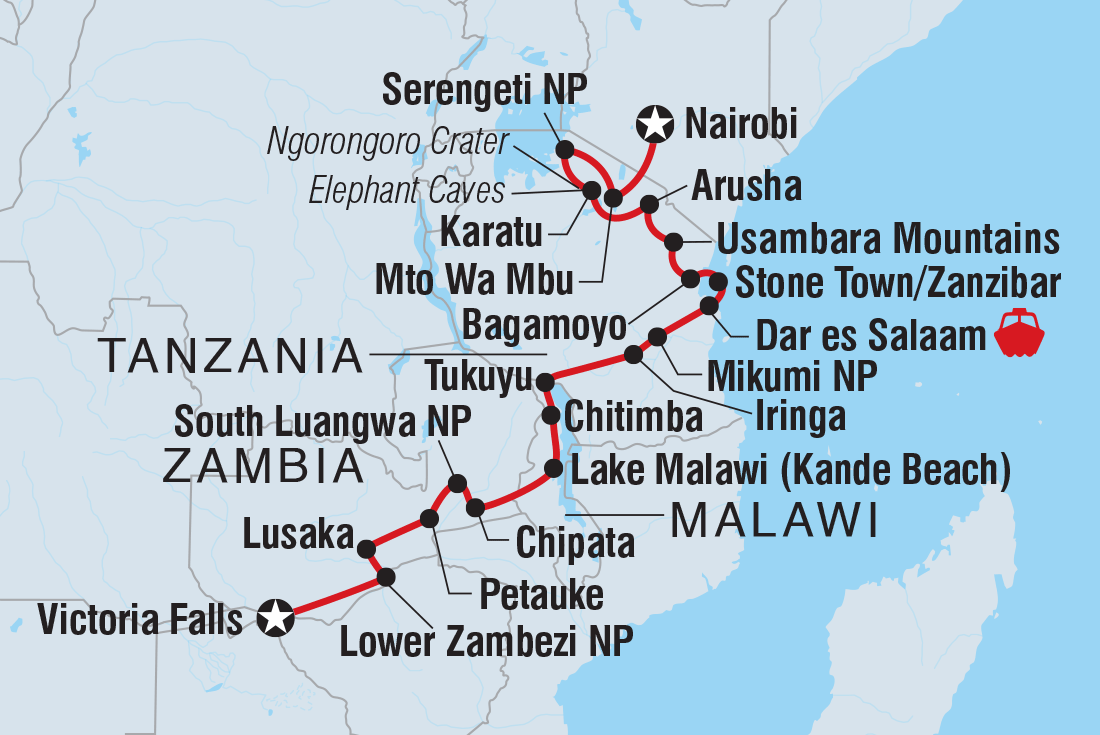 Map of Vic Falls To Kenya including Kenya, Malawi, Tanzania, United Republic Of, Zambia and Zimbabwe