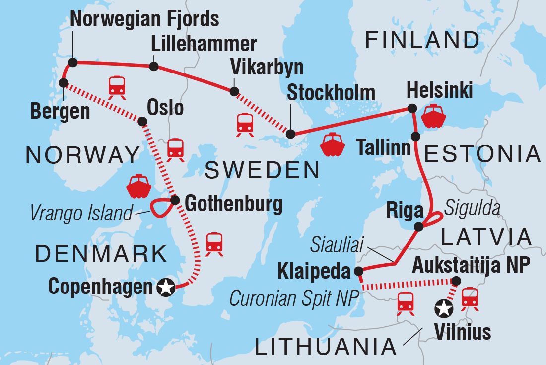 Map of Scandinavia & Baltic Circuit including Denmark, Estonia, Finland, Latvia, Lithuania, Norway and Sweden