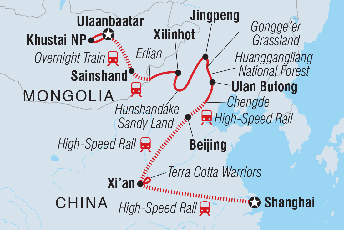 Map of China & Mongolia Railway Adventure including China and Mongolia