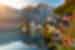 Sunrise view of famous Hallstatt mountain village with Hallstatter lake, Austria