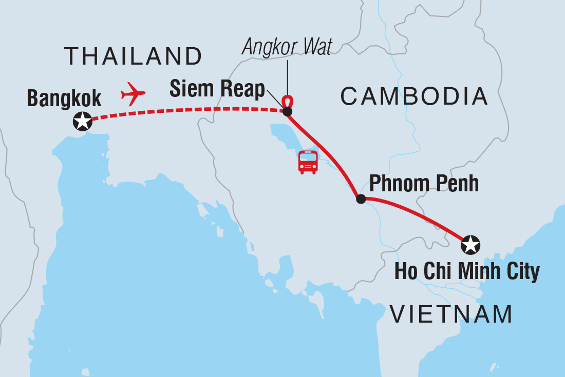 Map of Cambodia Adventure including Cambodia, Thailand and Vietnam