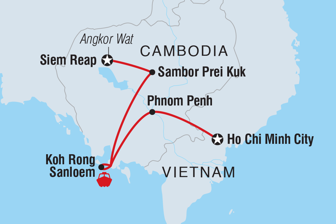 Map of 18 To 35S One Week In Cambodia including Cambodia and Vietnam