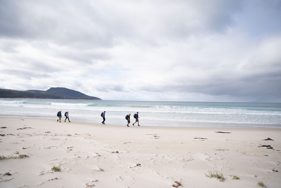 Wide view of travellers walking along the beach on the coast of Maria Island with sea horizon in the background, Australia