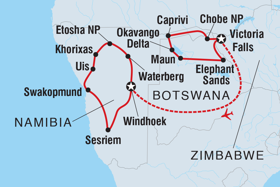 Map of Highlights Of Namibia & Botswana including Botswana, Namibia and Zimbabwe