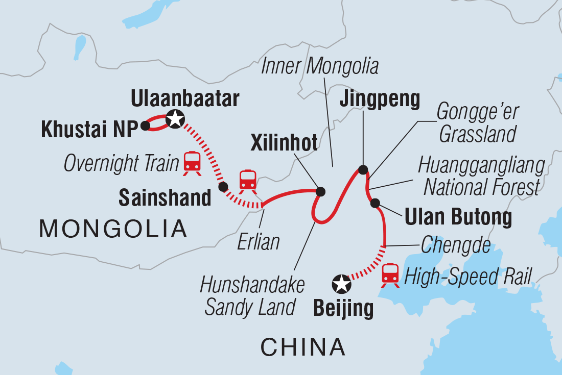 Map of Trans-Mongolian Railway Adventure including China and Mongolia