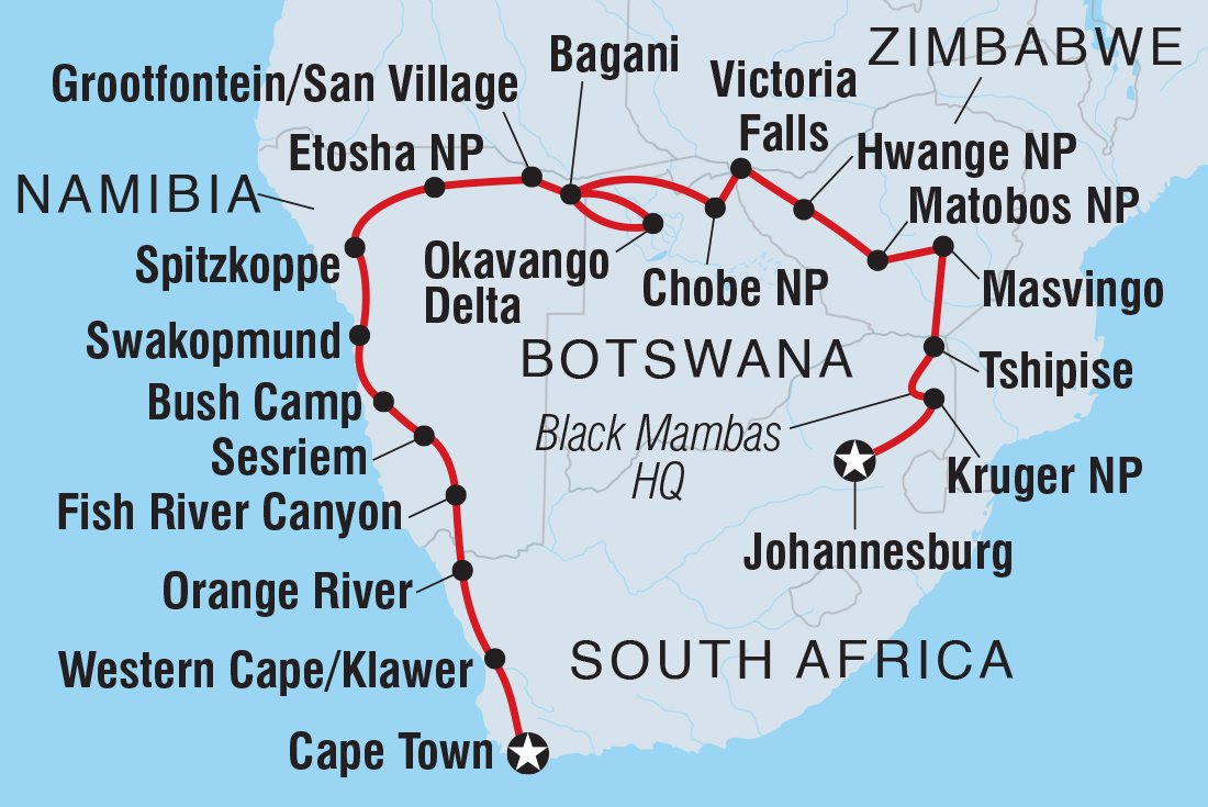 Map of Southern Africa Adventure including Botswana, Namibia, South Africa and Zimbabwe