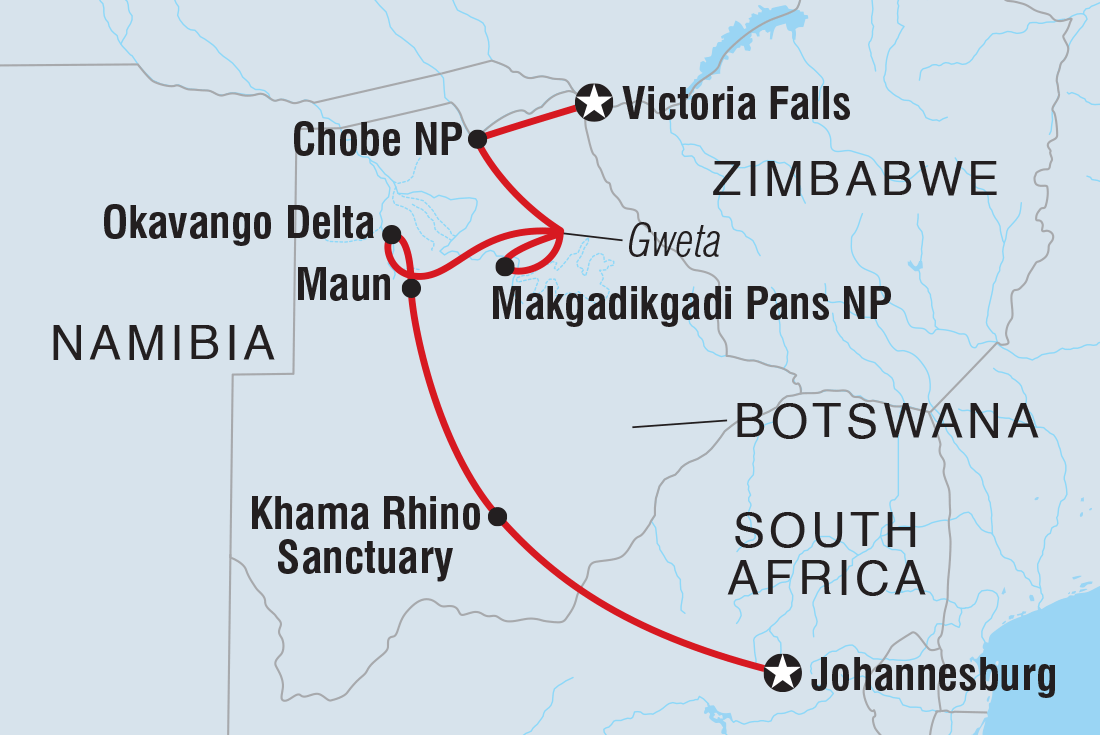 Map of 18 To 35S Essential Botswana including Botswana, South Africa and Zimbabwe