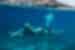 Underwater shot of traveller swimming in the Aegean sea off the bow of boat off Koufonisi in the Small Cyclades in Greece
