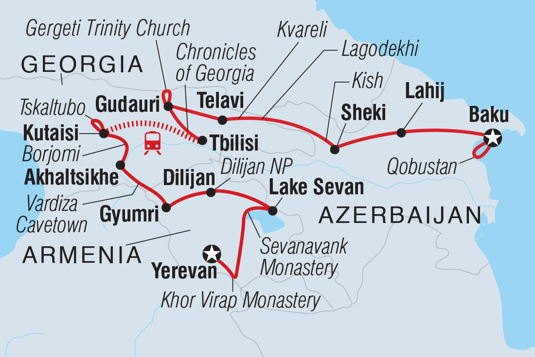 Map of Azerbaijan, Georgia & Armenia Adventure including Armenia, Azerbaijan and Georgia