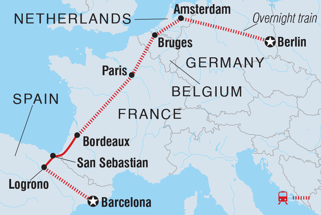 Map of 18 To 35S Essential Barcelona To Berlin including Belgium, France, Germany, Netherlands and Spain