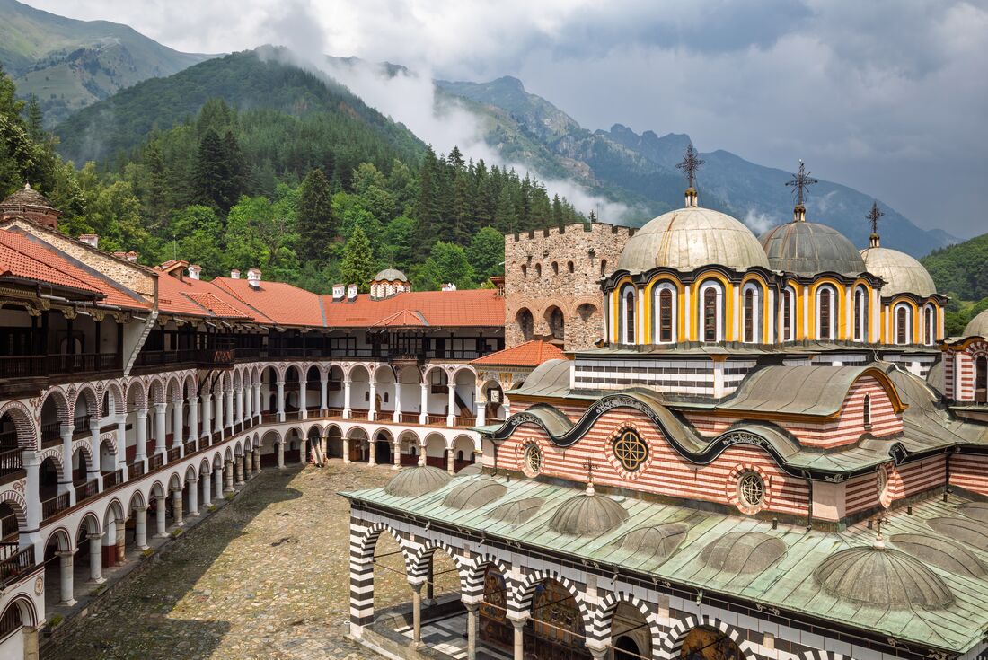 Rila Monastery and the Rila Mountains in the background, Bulgaria