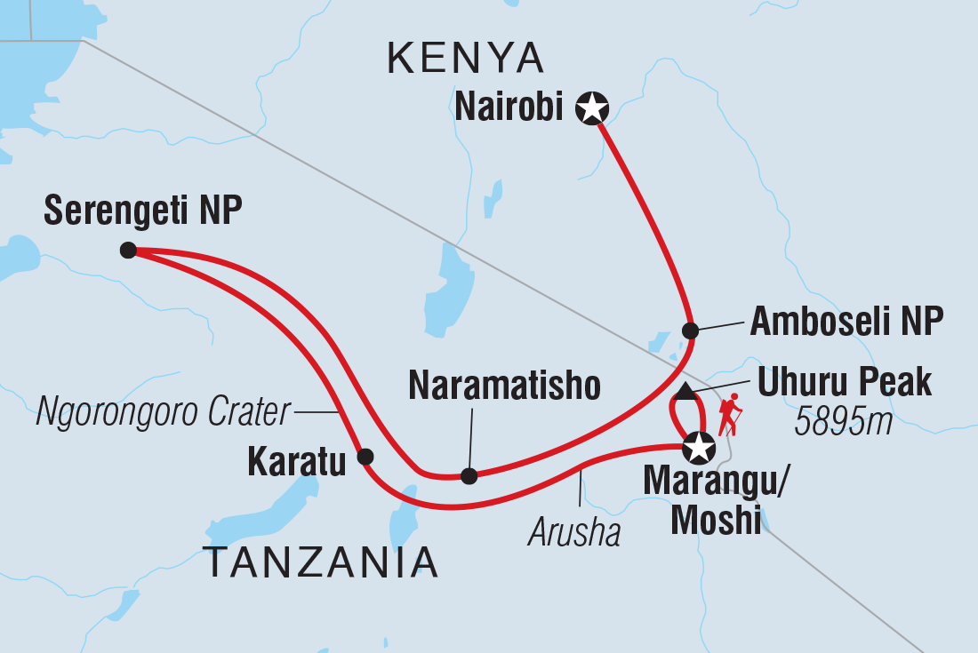 Map of Safari To Kilimanjaro - Machame Route including Kenya and Tanzania, United Republic Of