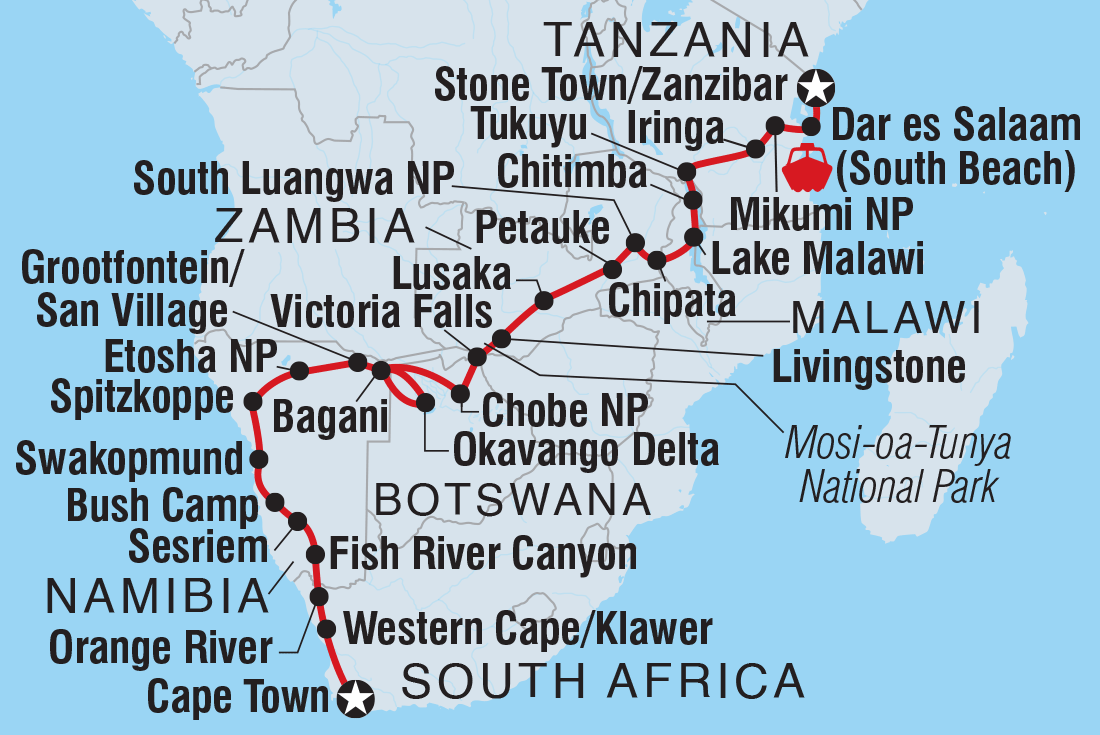 Map of Cape Town To Zanzibar including Botswana, Malawi, Namibia, South Africa, Tanzania, United Republic Of, Zambia and Zimbabwe