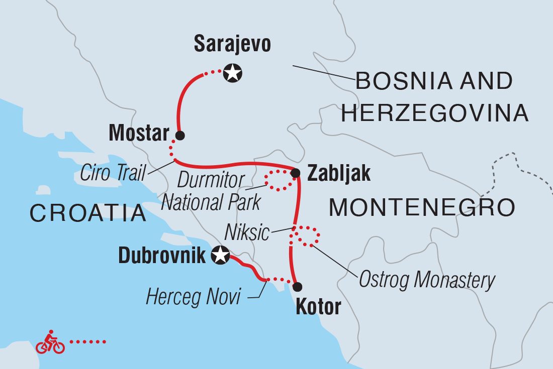Map of Cycle The Balkans including Bosnia And Herzegovina, Croatia and Montenegro