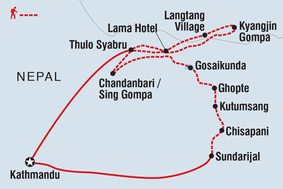 Map of Langtang, Gosaikunda & Helambu Trek including Nepal