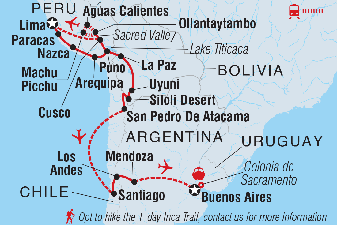 Map of Best Of South America: Lima To Buenos Aires including Argentina, Bolivia, Chile, Peru and Uruguay