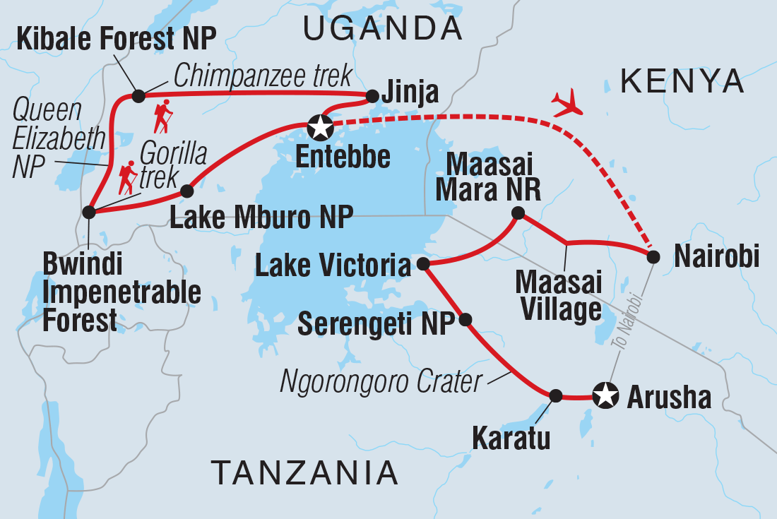 Map of 18 To 35S Epic East Africa: Gorillas, Chimps And Safaris including Kenya, Tanzania, United Republic Of and Uganda