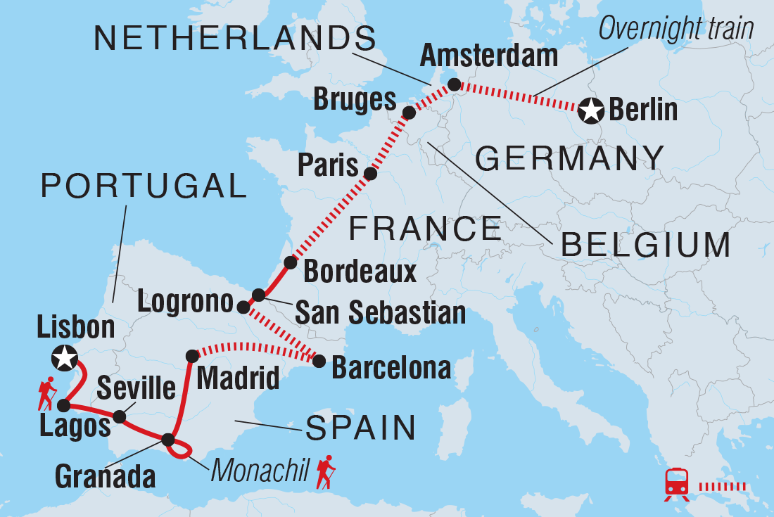 Map of 18 To 35S Real Lisbon To Berlin including Belgium, France, Germany, Netherlands, Portugal and Spain