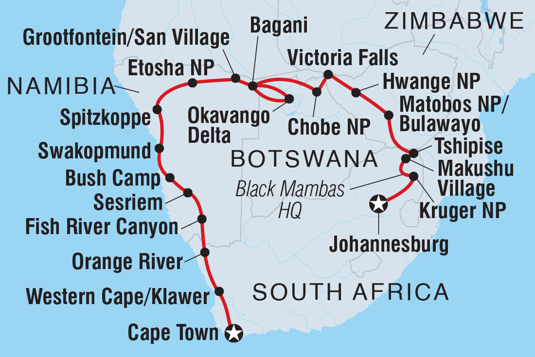 Map of Southern Africa Adventure including Botswana, Namibia, South Africa and Zimbabwe