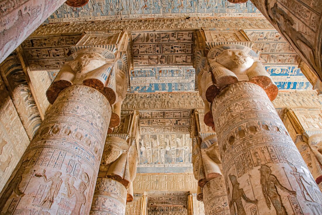 The intricate detailed heiroglyphs across every inner surface of the Temple of Dendera