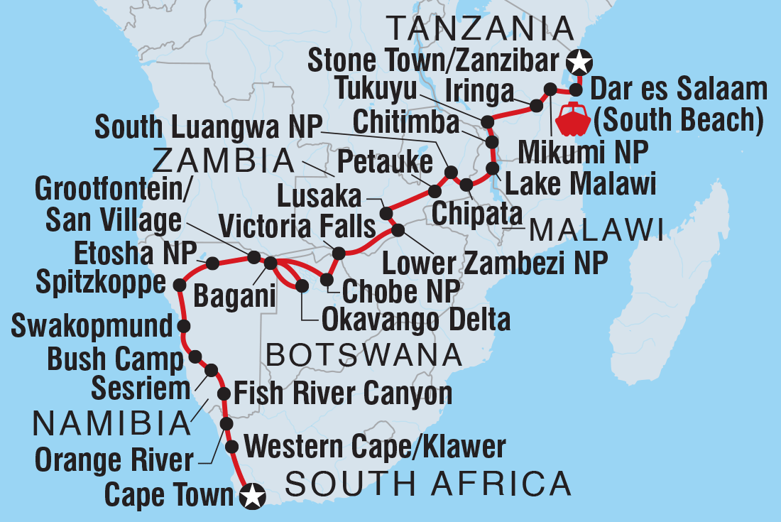 Map of Cape Town To Zanzibar including Botswana, Malawi, Namibia, South Africa, Tanzania, United Republic Of, Zambia and Zimbabwe