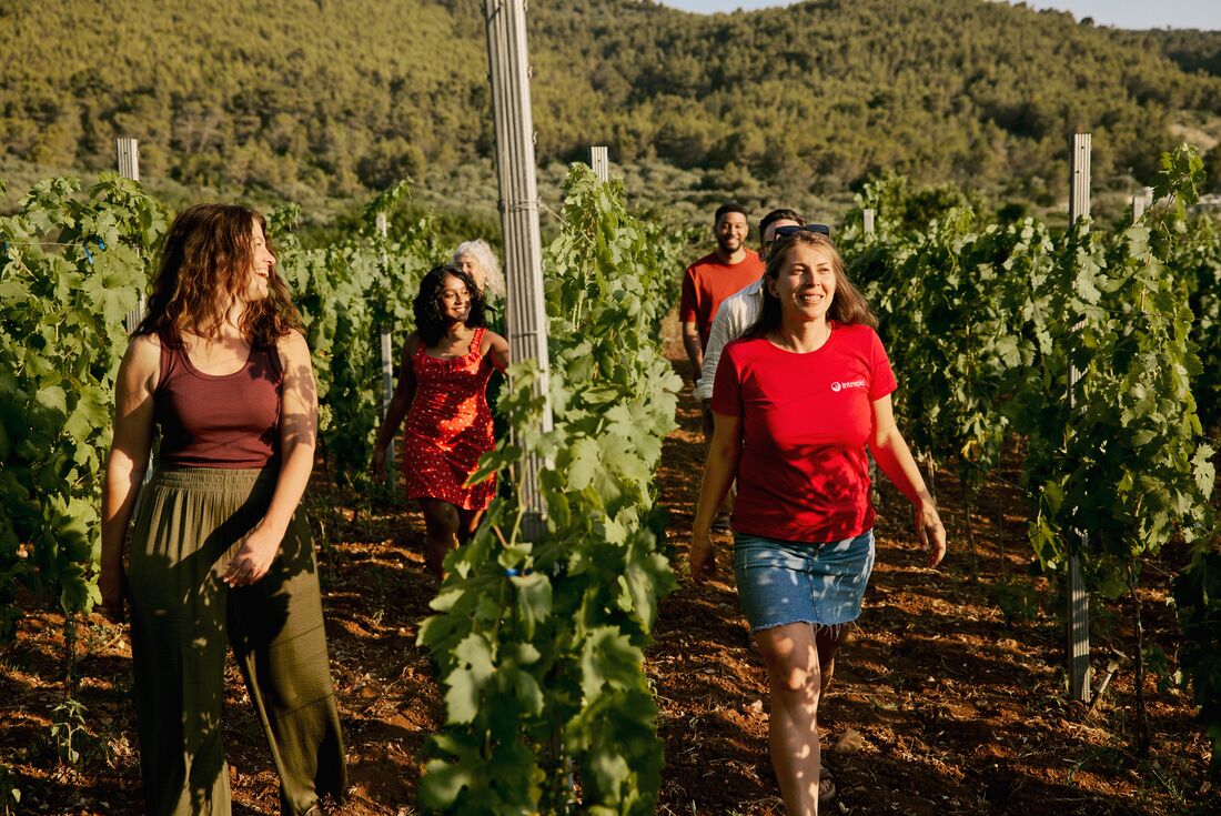 Leader laughing with travellers as they walk through a local winery in Korcula, Croatia