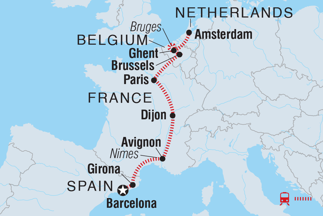 Map of Barcelona To Amsterdam including Belgium, France, Netherlands and Spain