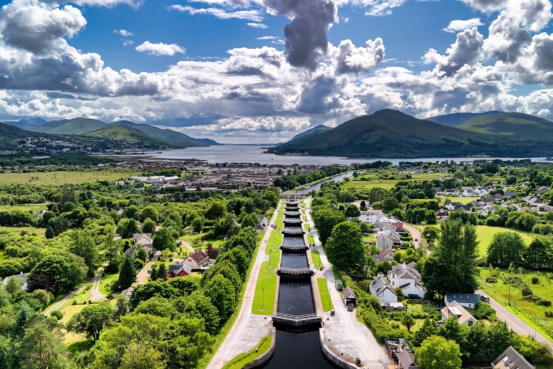 Aeriel view of Neptune's Staircase in Fort William, Scotland