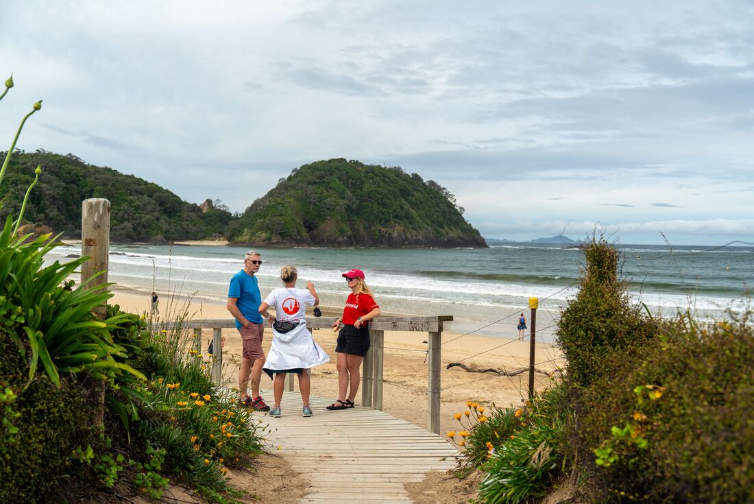 Leader and travellers standing boardwalk overlooking Matapouri Beach on a cloudy day, New Zealand