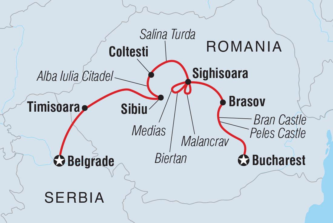 Map of Premium Belgrade To Bucharest including Romania and Serbia