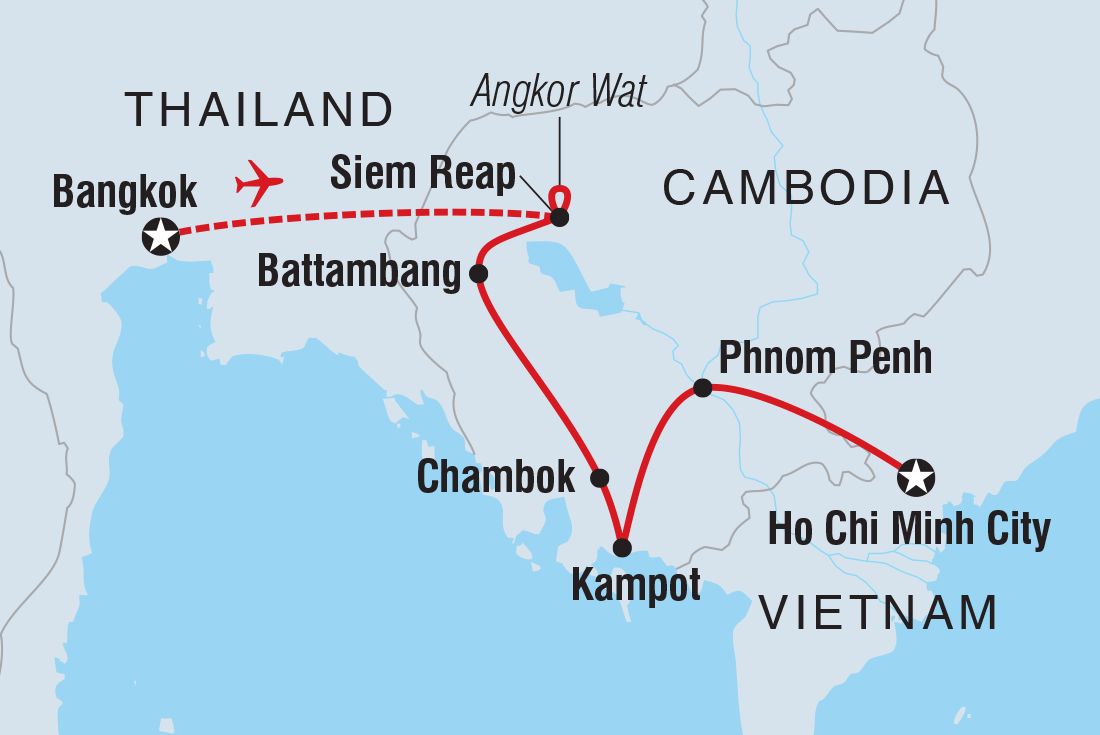 Map of Cambodia Adventure including Cambodia, Thailand and Vietnam