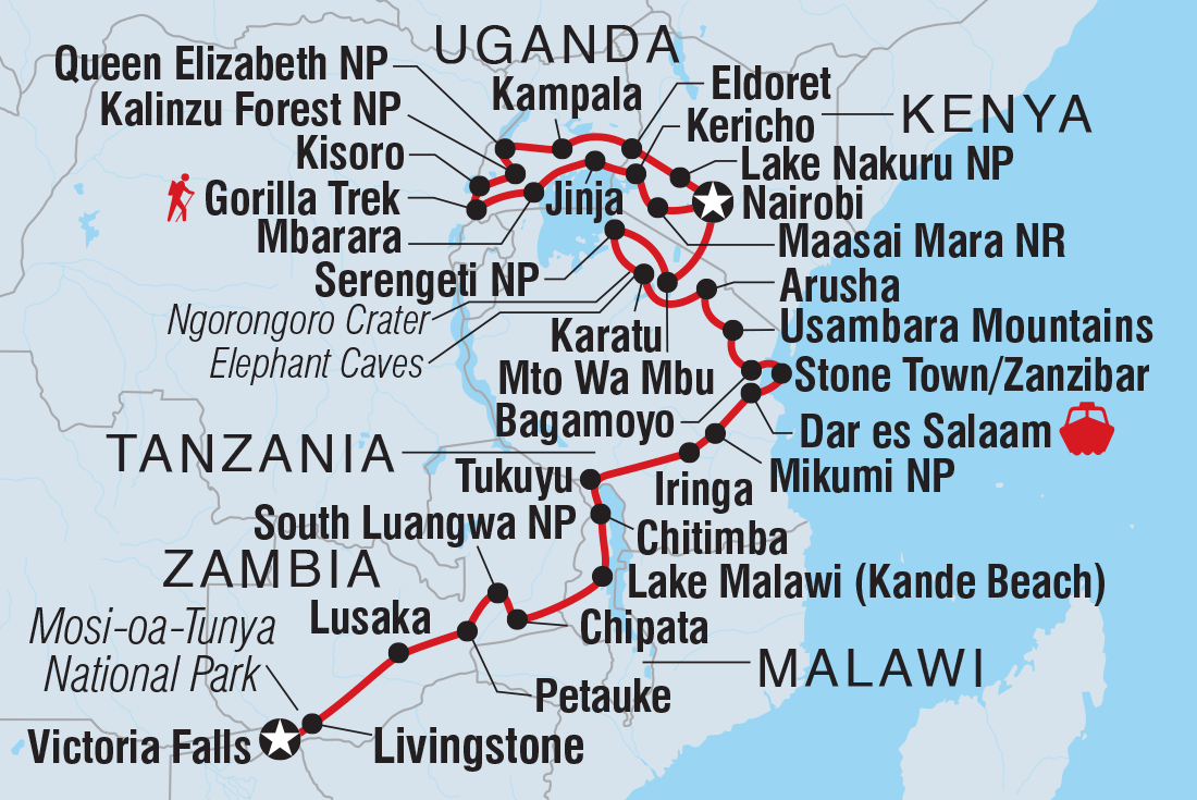 Map of Victoria Falls To Gorillas including Kenya, Malawi, Tanzania, United Republic Of, Uganda, Zambia and Zimbabwe