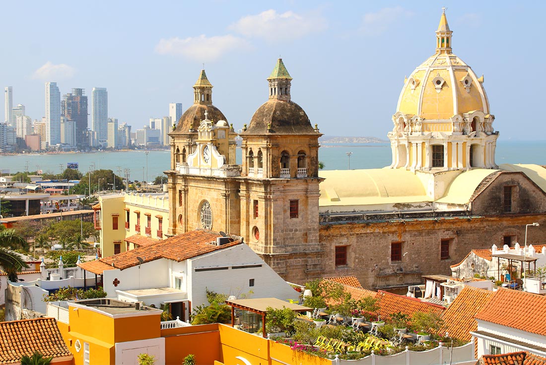 Peter Clava church and the skyline of Cartegena, Colombia