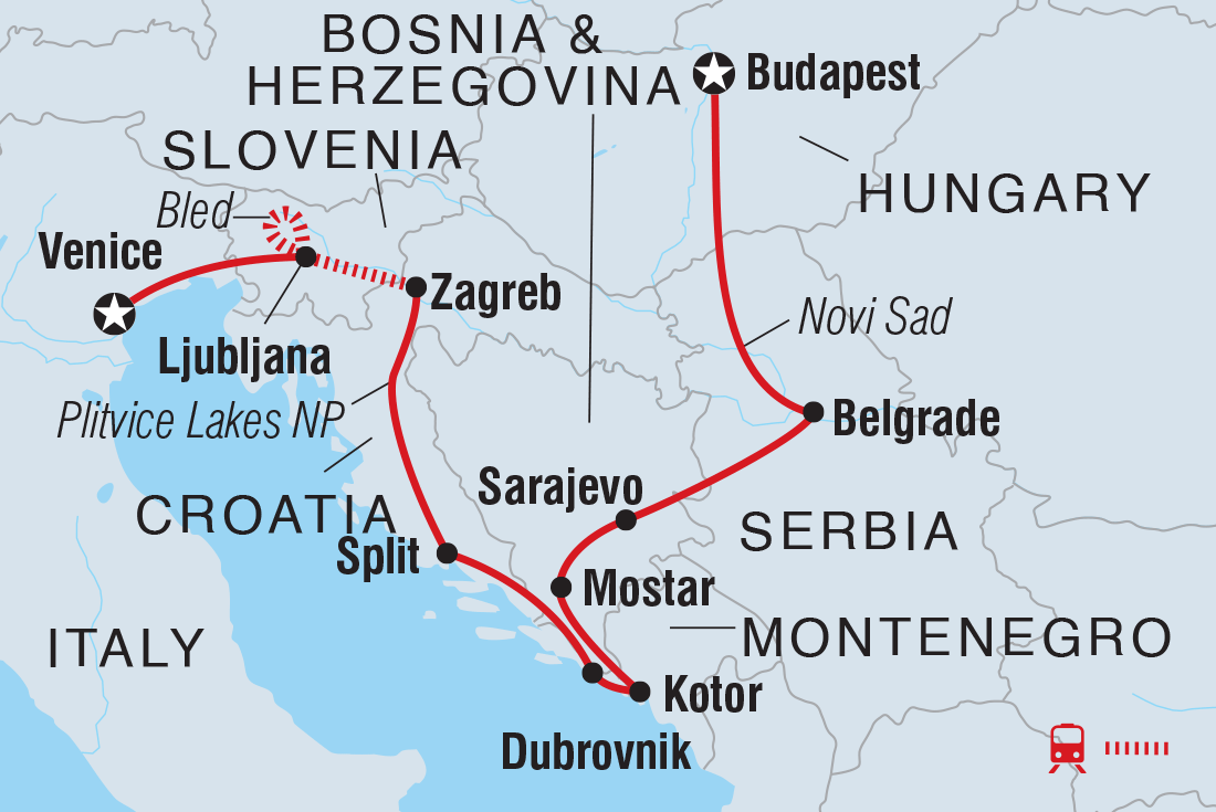 Map of Budapest To Venice including Bosnia And Herzegovina, Croatia, Hungary, Italy, Montenegro, Serbia and Slovenia